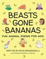 "BEASTS GONE BANANAS - Fun Animal Poems for Kids" steht auf gelbem Hintergrund, umgeben von süßen Tierillustrationen und Bananen.