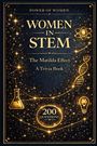 "WOMEN IN STEM, The Matilda Effect: A Trivia Book. 200 Questions." Dekoratives Design mit glitzernden wissenschaftlichen Symbolen.