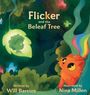 "Flicker and the Beleaf Tree," Illustration: Ein orange-rot gefärbtes, neugieriges Kätzchen schaut zu einem Baum.