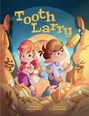 „Tooth Larry“ in gelber Schrift, zwei Cartoon-Kinder in einem Raum voller Geldsäcke und Münzen. Verspielte Szene.