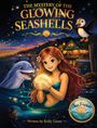 "The Mystery of the Glowing Seashells." Eine Meerjungfrau hält eine leuchtende Muschel, daneben ein Delfin und ein Café am Meer.