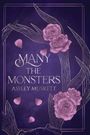 "Many the Monsters" und "Ashley Muskett" stehen zentral. Purpurfarbener Hintergrund mit rosa Blumen und Blütenblättern.
