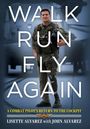 "Walk Run Fly Again" in großen Buchstaben. Ein Mann in Uniform mit Helm vor einem Militärhubschrauber.