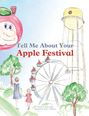 "Tell Me About Your Apple Festival" in blauer und roter Schrift. Illustration von Riesenrad mit Apfelkörben und zwei Personen.
