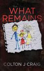 "What Remains" steht oben in roten Buchstaben. Darunter eine Kinderzeichnung mit drei Figuren: einem Mann, einem Kind und einer Frau.