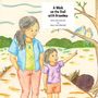 „A Walk on the Trail with Grandma“ steht oben. Illustration: Eine Großmutter und ein Kind spazieren, während Vögel auf einem Ast sitzen.