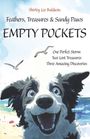 Buchtitel: "EMPTY POCKETS" von Shirley Lee Baldwin. Illustration eines fröhlichen Hundes am Strand mit Möwen.
