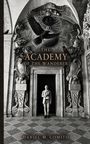 „THE ACADEMY OF THE WANDERER“ und „DANIEL M. COMITO“ auf prächtigem Torbogen. Mann steht in Tür, Raben fliegen darüber.