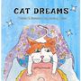 „CAT DREAMS“, „Written & Illustrated by Jeremy Baker“. Illustration einer Katze auf einem Mann, umgeben von Sternen.