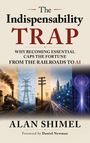 "The Indispensability Trap. Bilder: Dampflok, Stromleitung, Telefonmasten, Stadt, KI-Neuronenbild. Alan Shimel."