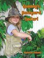 „Sammy's Backyard Safari“ und „Pamela Adams“ in oranger Schrift. Kind in Safari-Kleidung, umgeben von Pflanzen.
