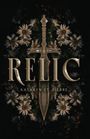 Text: "RELIC" darüber "KATHRYN ST. PIERRE". Zentral ein Schwert, umgeben von weißen Margeritenblumen.