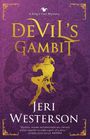 „A King's Fool Mystery. Devil's Gambit. Jeri Westerson.“ Purpurner Hintergrund, gelb gezeichneter Narr mit Flöte.