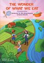 "The Wonder of What We Eat Cookbook" mit farbenfrohem Hof, drei fröhlichen Bauern und einem Fluss.