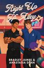 „Right Up His Alley“, „Spare Time“ in Neon, „Bradley James & Anastasia Dean“. Bowlingbahn, zwei Männer, einer hält einen Ball.